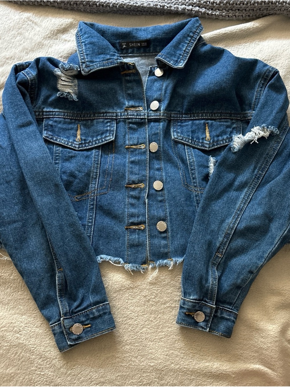 SHEIN Blue Cropped Distressed Denim Jacket